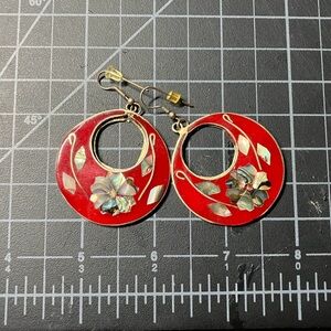 Vintage Mexico Alpaca Red enamel with abalone Floral Hoop Earrings
